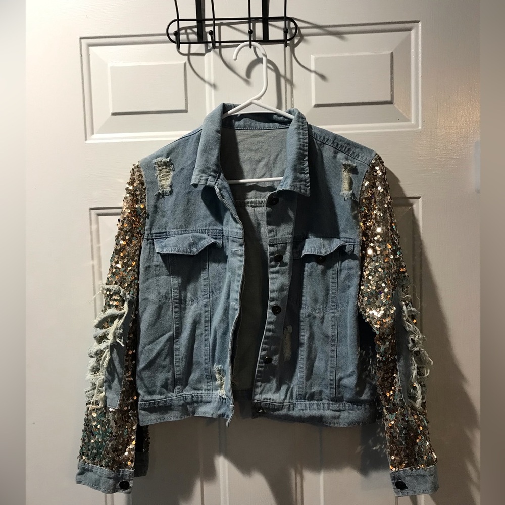 Sequin Sleeve Denim Jacket size large